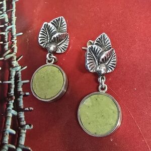 Vintage Native American Sterling Silver Leaf Green Stone Earrings